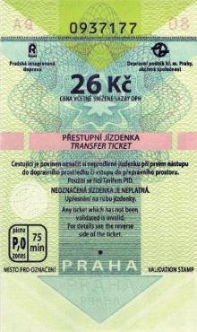 Jízdenka platná ve všech druzích hromadné dopravy v Praze - cestující je povinen označit ji hned při nástupu do dopravního prostředku, tato v hodnotě 26 Kč je přestupní.