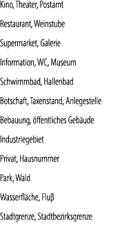 Kino, Theater, Postamt Restaurant, Weinstube Supermarket, Galerie Information, WC, Museum Schwimmbad, Hallenbad Botsc...