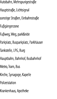 Autobahn, Mehrspurigestraβe Hauptstraβe, Lichtsignal sonstige Straβen, Einbahnstraβe Fuβg ngerzone Fuβweg, Weg, park&...
