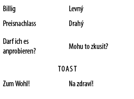 Billig,Levn ,Preisnachlass,Drah ,Darf ich es anprobieren?,Mohu to zkusit?,Toast,Zum Wohl!,Na zdrav !