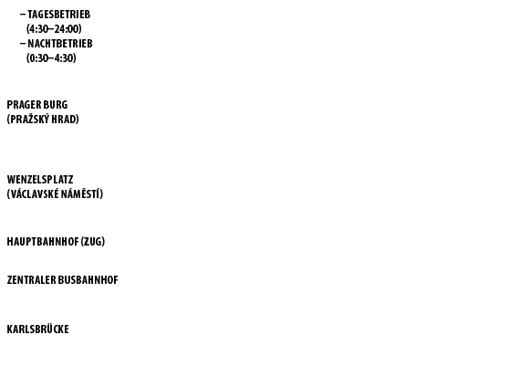 22 – Tagesbetrieb (4:30–24:00) 54 – Nachtbetrieb (0:30–4:30),,,,Prager Burg (pra sk hrad),,,,,,,,,Wenzelsplatz (V cl...