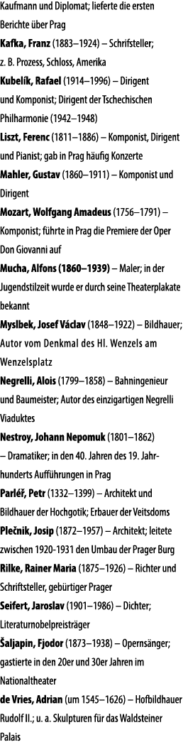 Kaufmann und Diplomat; lieferte die ersten Berichte ber Prag Kafka, Franz (1883–1924) – Schrifsteller; z. B. Prozess...