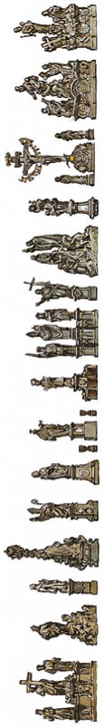 S rie detailn zdoben ch historick ch soch a reli f  zobrazuj c ch skupiny lid  v r zn ch p z ch a sc n ch s bohat mi ornamenty a architektonick mi prvky.  Popis generovan  AI