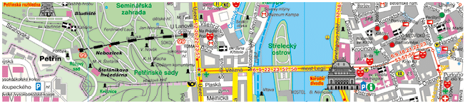 Mapa  sti Prahy zobrazuj c  oblasti Pet  n, Mal  Strana a okol  s vyzna en mi ulicemi, parky, turistick mi atrakcemi a dopravn mi spoji.  Popis generovan  AI