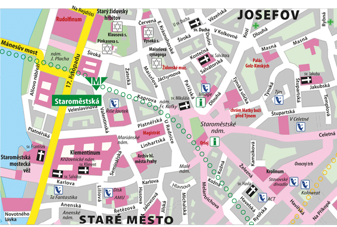 Mapa historick   sti Prahy s vyzna en mi ulicemi, pam tkami, stanicemi metra a turistick mi informacemi v oblasti Star ho M sta a Josefova.  Popis generovan  AI