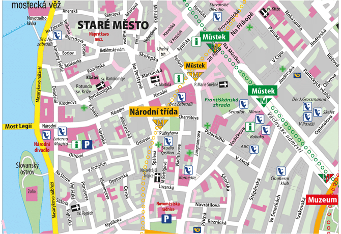 Mapa centra Prahy se zv razn n mi ulicemi, stanicemi metra, v znamn mi budovami a turistick mi atrakcemi v oblasti Star ho M sta a N rodn t  dy.  Popis generovan  AI
