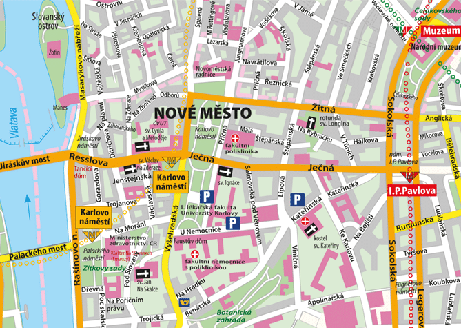 Mapa  sti Prahy zobrazuj c   tvr  Nov  M sto s vyzna en mi ulicemi, n m st mi, nemocnicemi, parkovi ti a v znamn mi budovami v etn  Karlova n m st  a Muzea.  Popis generovan  AI