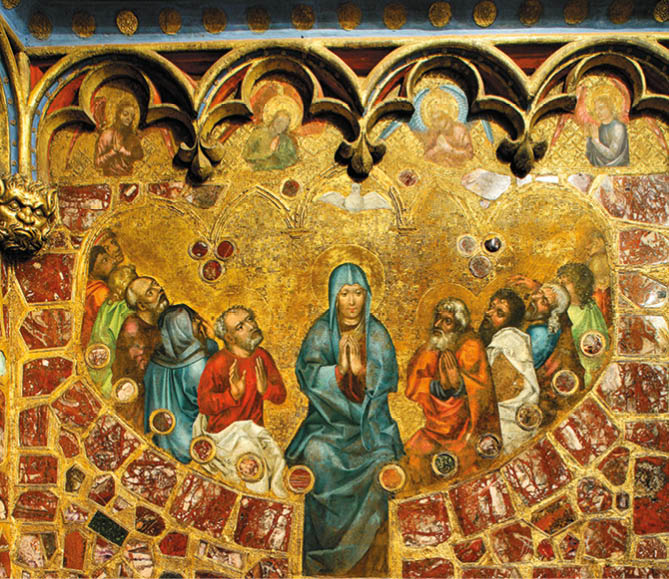 St edov k n st nn  malba zobrazuje skupinu lid  v modr m a  erven m od vu sed c ch kolem osoby v modr m rouchu uprost ed s rukama sepjat ma k modlitb  na pozad  zlat  v zdoby a architektonick ch prvk .  Popis generovan  AI