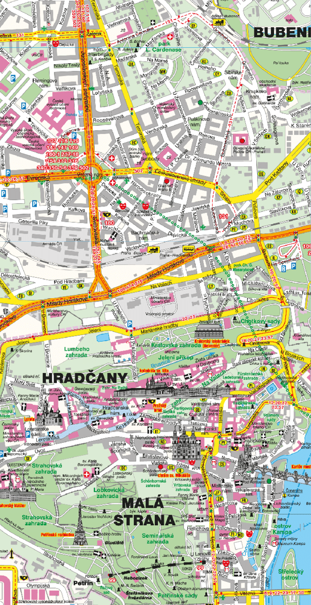 Mapa historick ho centra Prahy zahrnuj c  tvrti Hrad any, Mal  Strana a   st Bubene e s vyzna en mi ulicemi, pam tkami a dopravn  infrastrukturou.  Popis generovan  AI