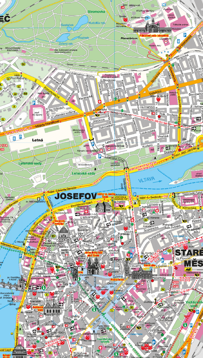 Mapa centra Prahy zobrazuj c  tvrti Josefov a Star  M sto s vyzna en mi ulicemi,  ekou Vltavou, parky a v znamn mi historick mi budovami.  Popis generovan  AI