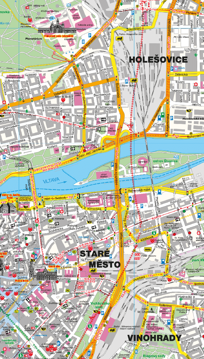 Mapa  sti Prahy zobrazuj c   tvrti Hole ovice, Star  M sto a Vinohrady s vyzna en mi ulicemi,  ekou Vltavou, dopravn  infrastrukturou a v znamn mi body z jmu.  Popis generovan  AI