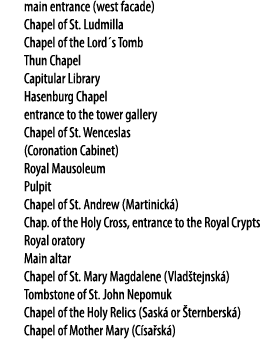 1 main entrance (west facade) Chapel of St. Ludmilla Chapel of the Lord´s Tomb Thun Chapel Capitular Library Hasenbur...