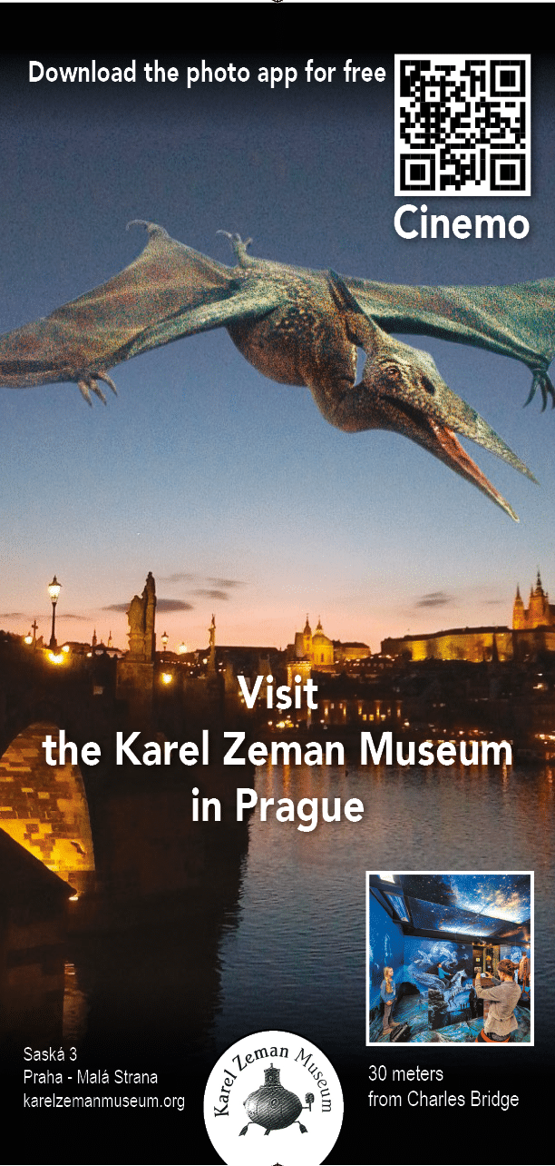 Nad no n m panoramatem Prahy let velk  l taj c  drak a na obr zku je pozv nka k n v t v  Muzea Karla Zemana.  Popis generovan  AI