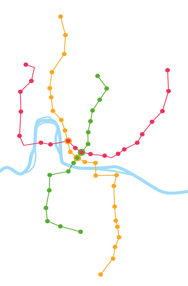 Mapa metra s n kolika barevn mi linkami a modrou ekou prot kaj c  st edem.  Popis generovan  AI