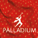 Na erven m pozad  s drobn m vzorem je b l  silueta postavy hraj c  na trubku a n pis PALLADIUM.  Popis generovan  AI