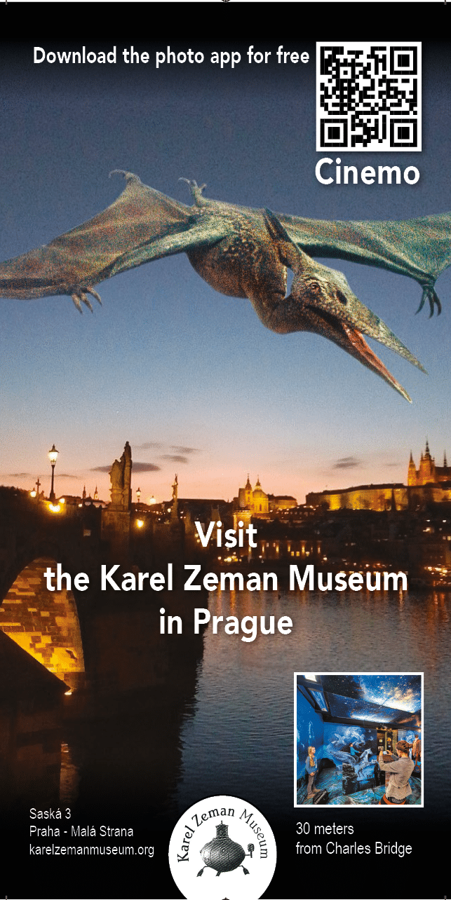 Nad no n m panoramatem Prahy let velk  model l taj c ho dinosaura a je zde pozv nka k n v t v  Muzea Karla Zemana.  Popis generovan  AI