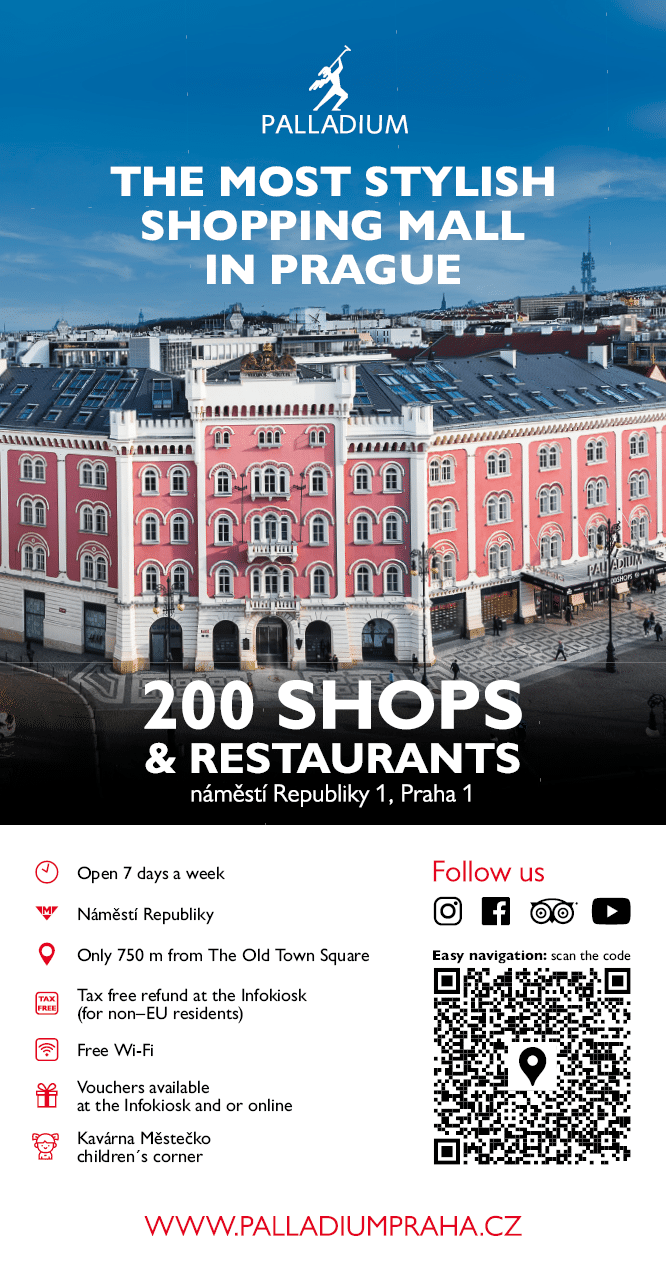 Stylov budova n kupn ho centra Palladium v Praze s informacemi o obchodech, restaurac ch, slu b ch a poloze na n m st  Republiky.  Popis generovan  AI