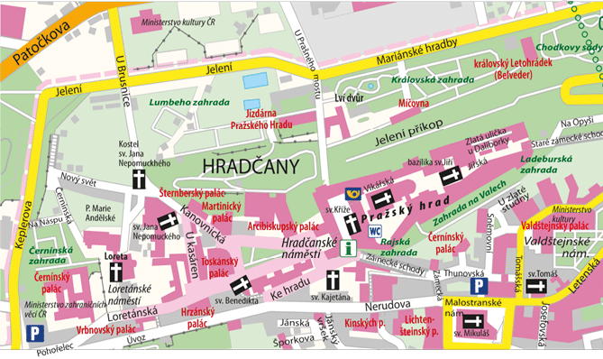 Mapa historick   sti Prahy s vyzna en mi v znamn mi pam tkami, ulicemi a zahradami v oblasti Hrad an a Mal  Strany.  Popis generovan  AI