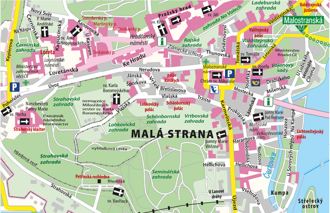 Mapa  sti Prahy zahrnuj c  oblasti Mal  Strana, Hrad any a okol  s vyzna en mi ulicemi, parky, pam tkami a dopravn mi zna kami.  Popis generovan  AI