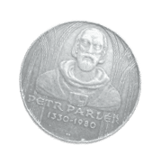 Pam tn medaile s reli fem osoby v historick m od vu a n pisem PETR PARL   1330-1980.  Popis generovan  AI