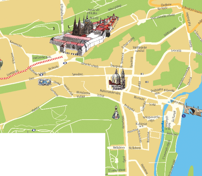 Mapa historick ho centra Prahy s vyzna en mi v znamn mi pam tkami a ulicemi v etn ilustrac  Pra sk ho hradu a kostela svat ho Mikul  e.  Popis generovan  AI