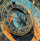 Starobyl orlojov  hodiny s astrologick mi symboly a zlat mi detaily na barevn m pozad .  Popis generovan  AI