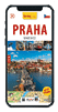 Pr vodce m stem Praha s fotografiemi historick ch pam tek, mapou a eskou vlajkou na obrazovce chytr ho telefonu.  Popis generovan  AI