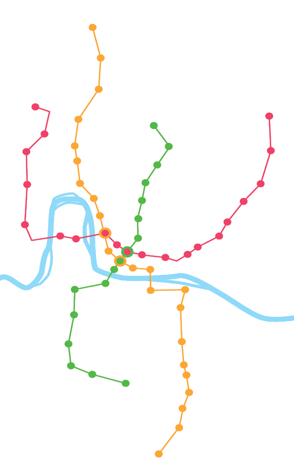Mapa metra s n kolika barevn odli en mi trasami a modrou  ekou prot kaj c  st edem.  Popis generovan  AI