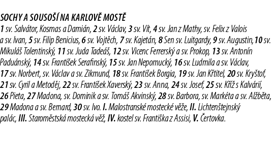 Sochy a souso  na Karlov  most  1 sv. Salv tor, Kosmas a Dami n, 2 sv. V clav, 3 sv. V t, 4 sv. Jan z Mathy, sv. Fel...