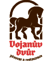 Logo pivovaru a restaurace Vojan v dv r s motivem siluety kon v hn d  barv  a n zvem v gotick m  erven m p smu.  Popis generovan  AI
