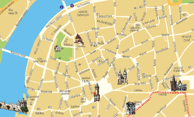 Mapa centra Prahy zobrazuje ulice, n m st a v znamn  historick  budovy v etn  Karlova mostu a kostel , s vyzna en mi trasami a zelen mi parky.  Popis generovan  AI