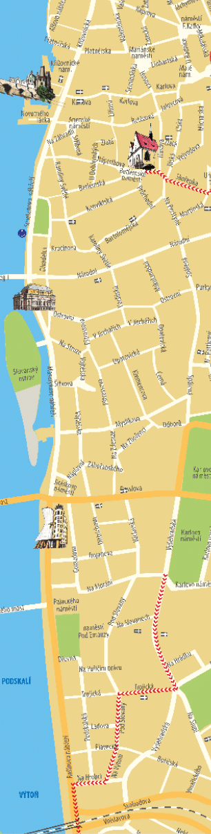 Mapa centra Prahy s vyzna en mi turistick mi trasami a ilustracemi v znamn ch pam tek jako Pra sk hrad, Karl v most a Starom stsk  radnice.  Popis generovan  AI