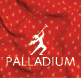 Logo zna ky Palladium s b lou postavou hraj c na trubku na  erven m pozad  s drobn m vzorem.  Popis generovan  AI