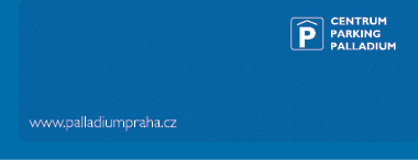 Logo a webov adresa parkovac ho centra Centrum Parking Palladium na modr m pozad .  Popis generovan  AI