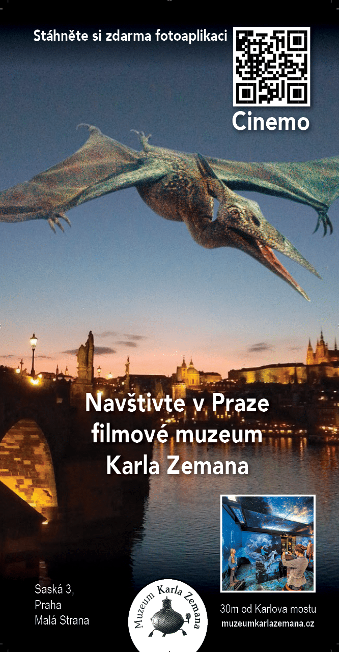 Nad no n m panoramatem Prahy s osv tlen m Karlov m mostem let velk  drak a je zde pozv nka k n v t v  filmov ho muzea Karla Zemana.  Popis generovan  AI