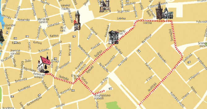 Mapa historick ho centra Prahy s vyzna enou trasou spojuj c v znamn  pam tky a n m st .  Popis generovan  AI