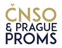Logo NSO a Prague Proms s pou it m zlat  a tmav  modr  barvy.  Popis generovan  AI