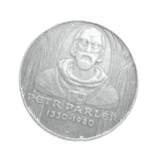 Pam tn medaile s reli fem osoby v historick m od vu a n pisem PETR PARL   1330-1980.  Popis generovan  AI