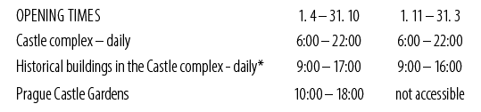 OPENING TIMES,1. 4 – 31. 10,1. 11 – 31. 3,Castle complex – daily,6:00 – 22:00,6:00 – 22:00,Historical buildings in th...