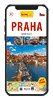 Pr vodce m stem Praha s fotografiemi historick ch pam tek, mapou a eskou vlajkou na obrazovce chytr ho telefonu.  Popis generovan  AI