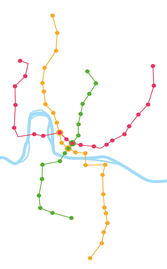 Mapa metra s n kolika barevn odli en mi trasami a stanicemi propojen mi p es  eku zn zorn nou modrou  arou.  Popis generovan  AI