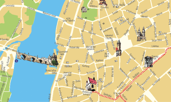 Mapa centra Prahy s vyzna en mi v znamn mi pam tkami jako Karl v most, kostel svat ho Mikul e, T nsk  chr m a Pra n  br na.  Popis generovan  AI
