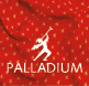 Logo zna ky Palladium s b lou postavou dr c  trumpetov  n stroj na  erven m pozad  s drobn m vzorem.  Popis generovan  AI