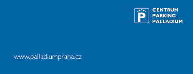 Logo a webov adresa parkovac ho centra Centrum Parking Palladium na modr m pozad .  Popis generovan  AI