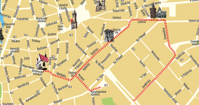 Mapa  sti m sta s vyzna enou trasou spojuj c  n kolik v znamn ch historick ch budov a n m st .  Popis generovan  AI