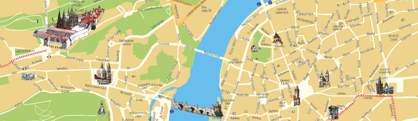 Mapa m sta s vyzna en mi historick mi pam tkami, ekou a mosty v ilustrativn m stylu.  Popis generovan  AI