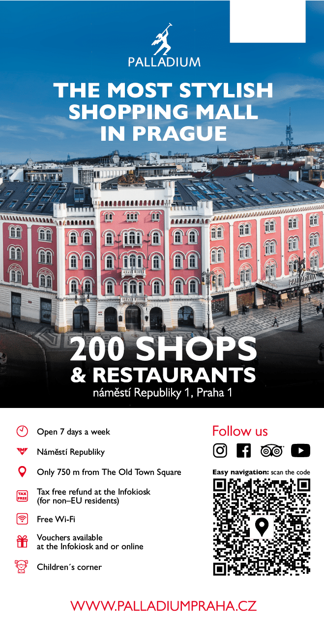 Stylov reklama na n kupn  centrum Palladium v Praze s informacemi o obchodech, restaurac ch, doprav , Wi-Fi a s QR k dem pro snadnou navigaci.  Popis generovan  AI