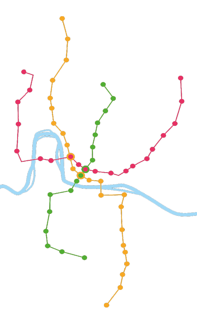 Mapa metra s n kolika barevn odli en mi trasami a  ekou prot kaj c  st edem.  Popis generovan  AI