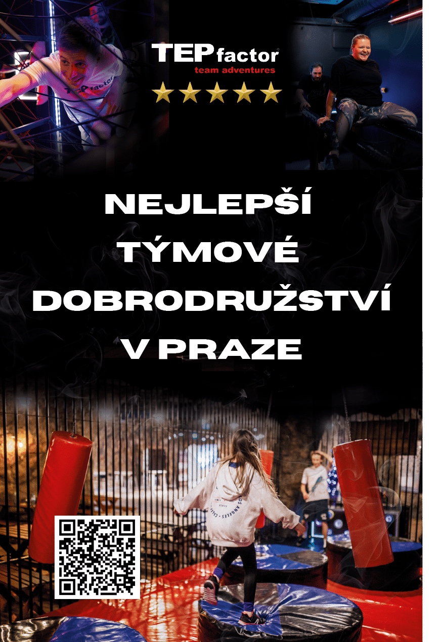 Reklamn plak t s logem TEP factor a textem o nejlep  m t mov m dobrodru stv  v Praze dopln n  fotografiemi lid  v ak n ch a z bavn ch situac ch.  Popis generovan  AI