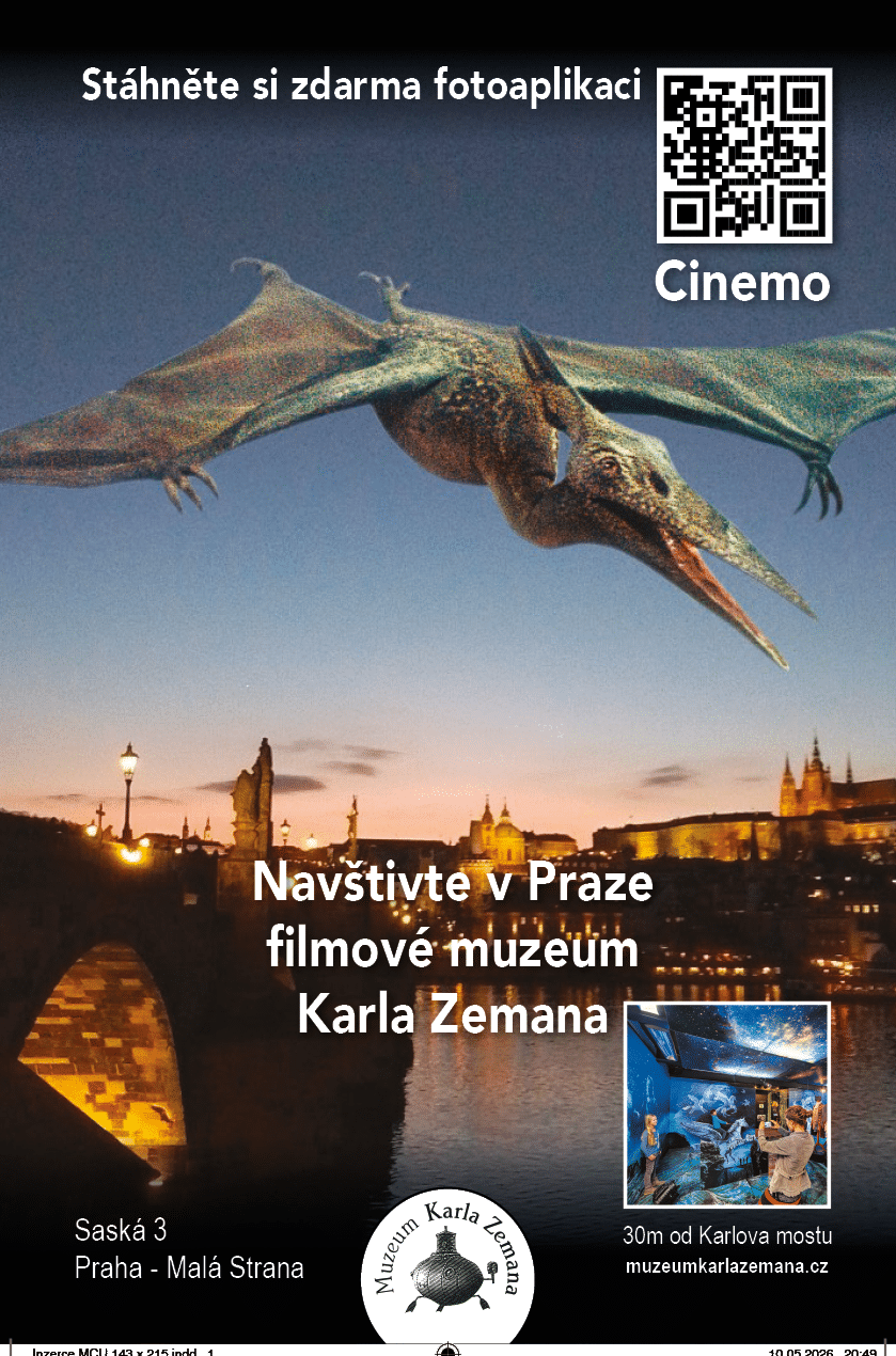 No n pohled na Karl v most v Praze s l taj c m pterodaktylem a pozv nkou do filmov ho muzea Karla Zemana.  Popis generovan  AI